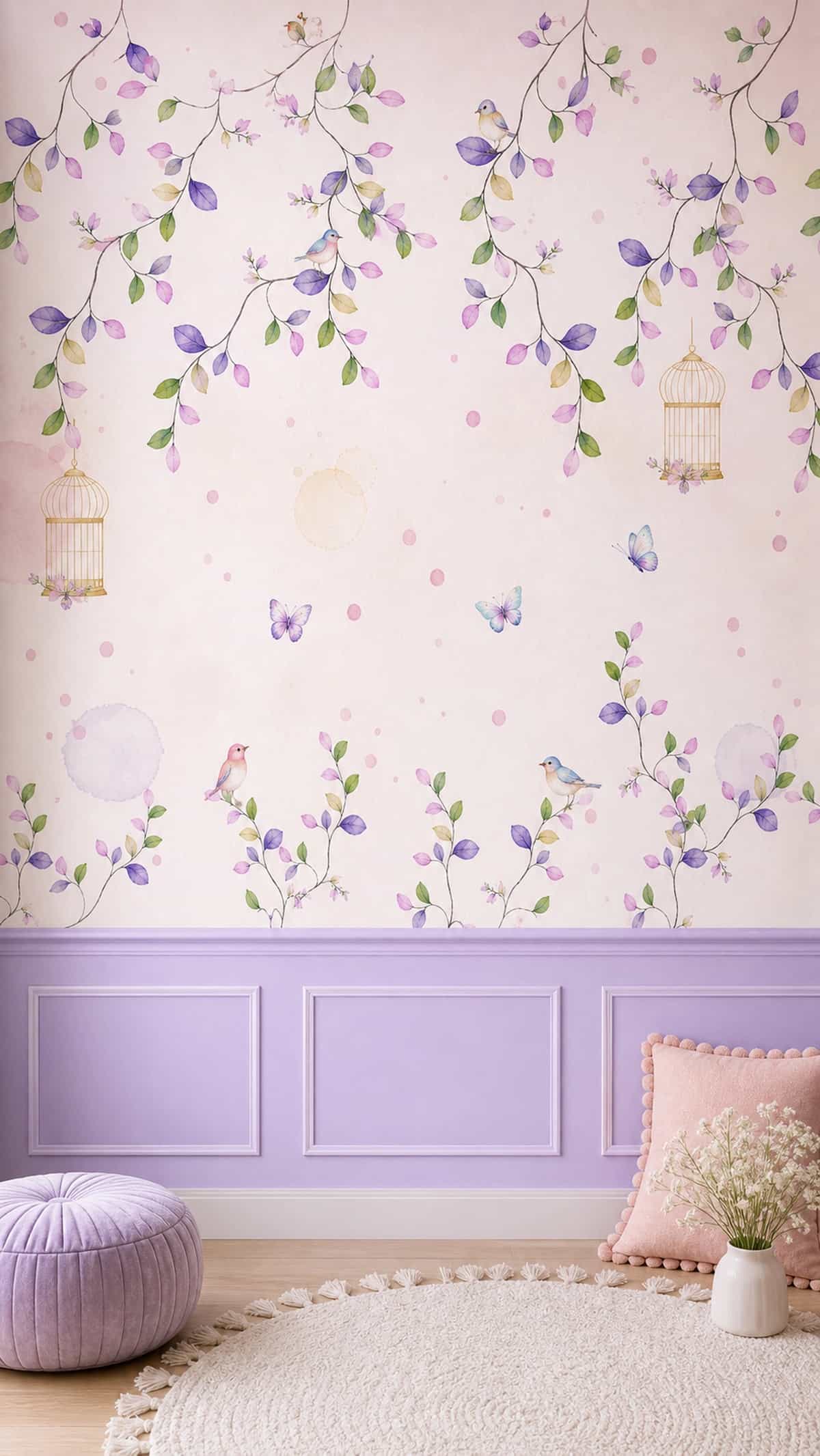 Papel de parede Ramos Lilás com Passarinhos e Gaiolas