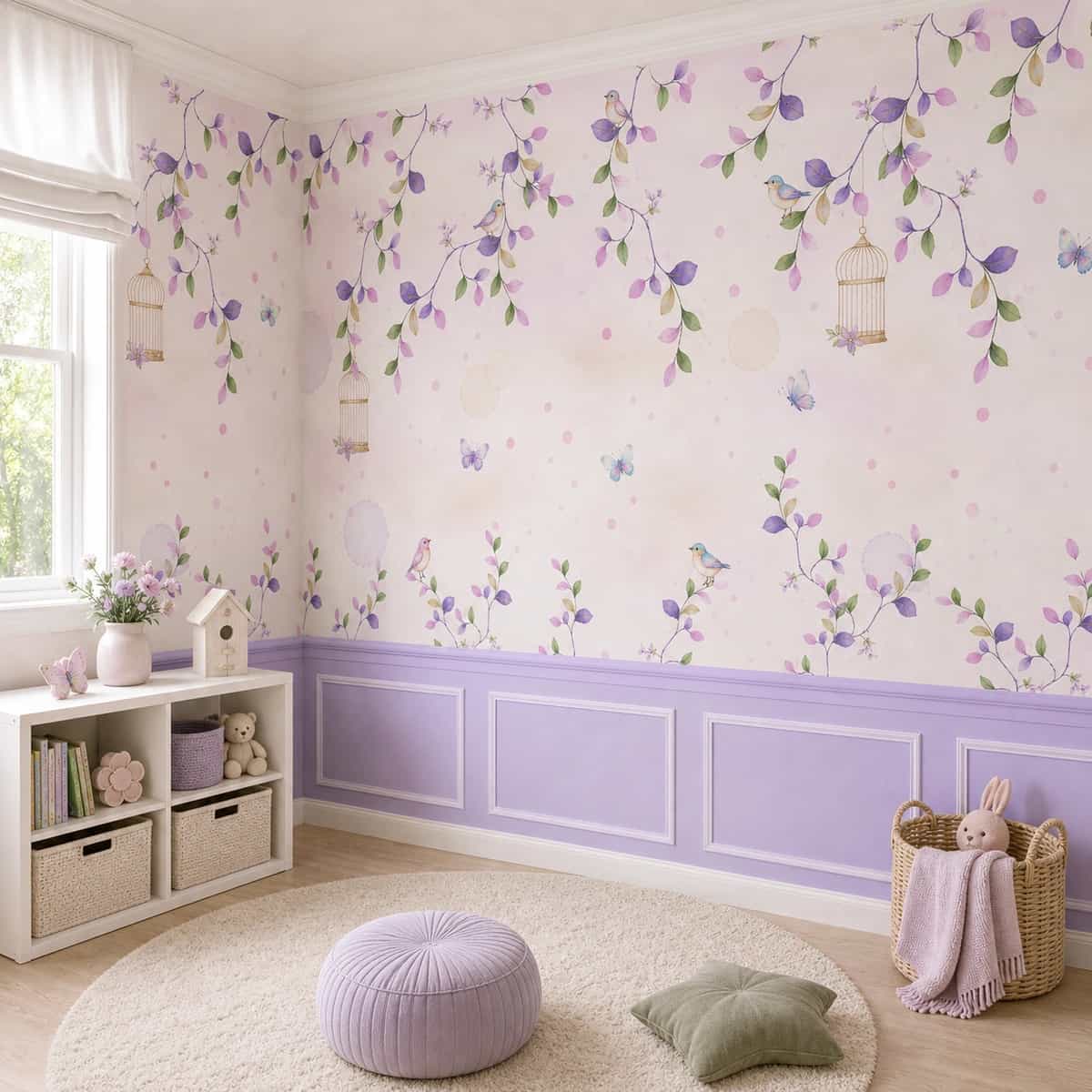 Papel de parede Ramos Lilás com Passarinhos e Gaiolas - foto 2