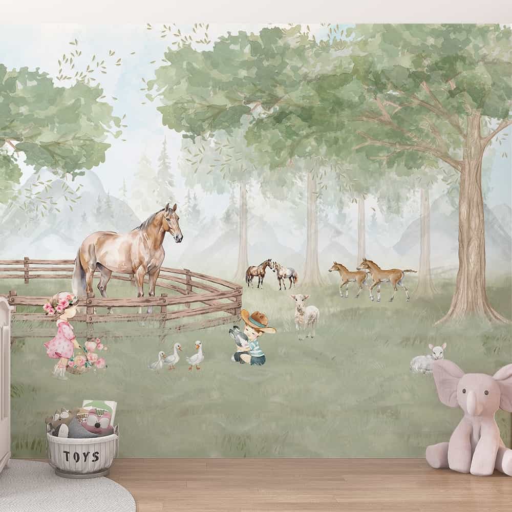 Papel de parede Fazendinha com Cavalos e Ovelhinhas