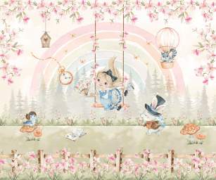 Papel de parede Alice no Jardim das Maravilhas Tom de Rosa e Azul
