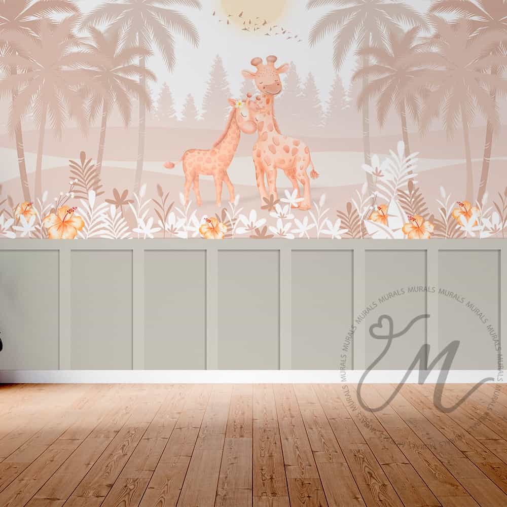 Papel de parede Mamãe e Filhote de Girafa no Safari Boho