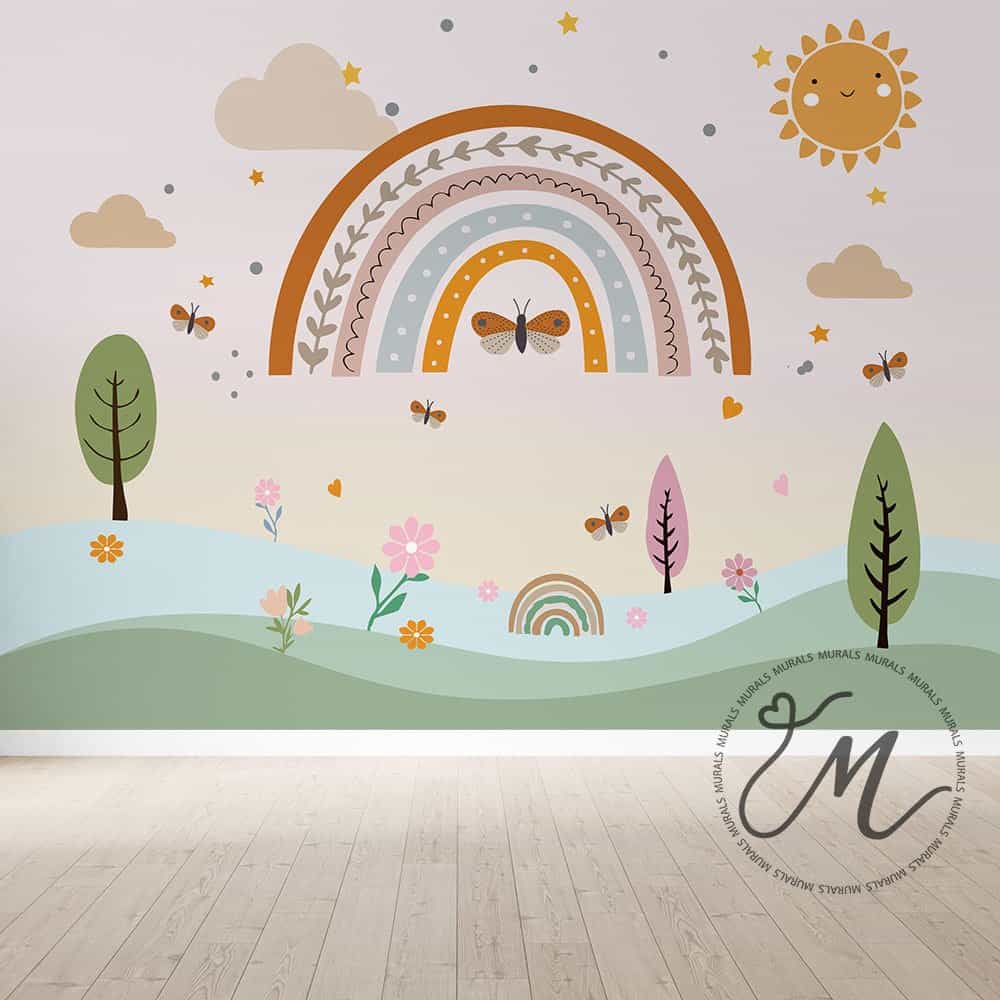 Papel de parede Arco-íris Boho com Sol Sorridente