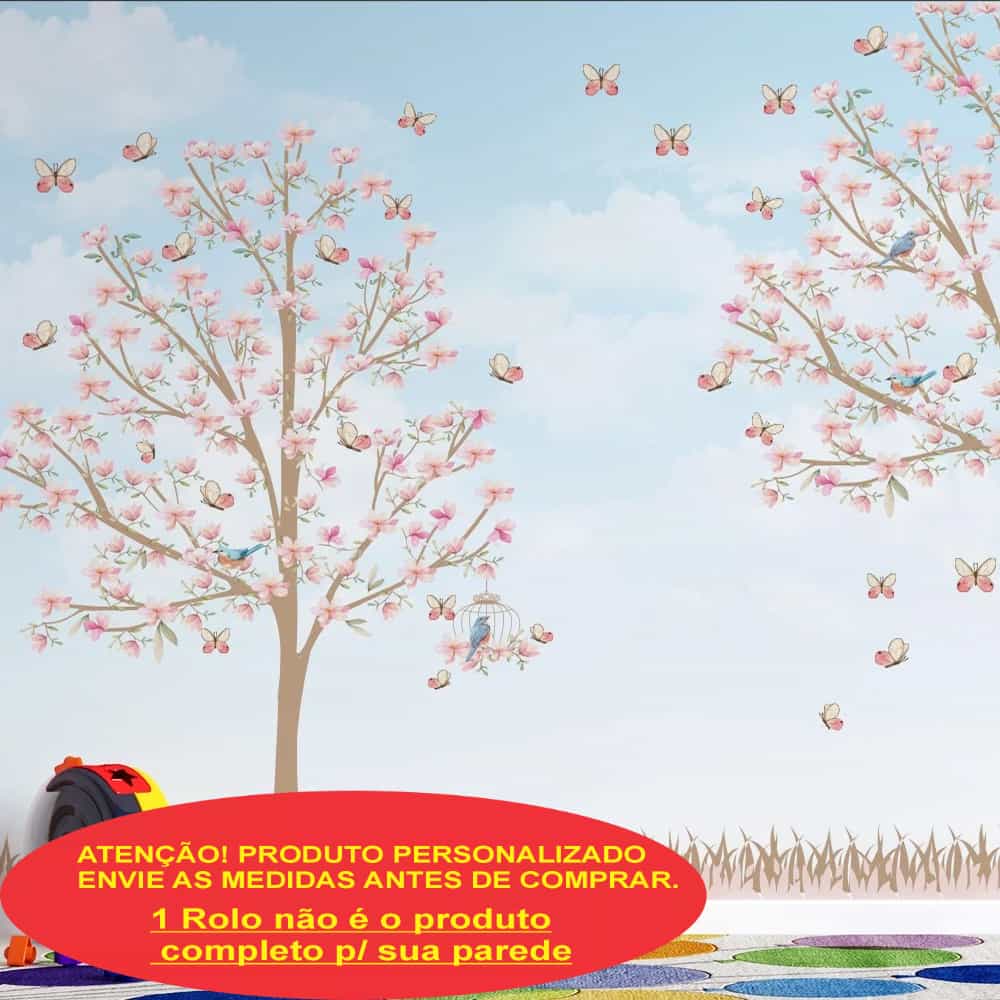 Papel de parede Magnólias Rosa com Passarinhos e Gaiola