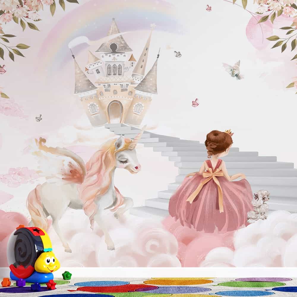 Papel de parede Princesa e Unicórnio na Escada do Castelo