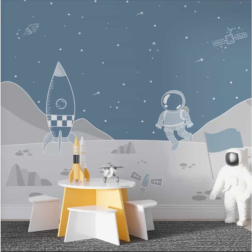 Papel de parede Astronauta na Lua em Azul e Cinza