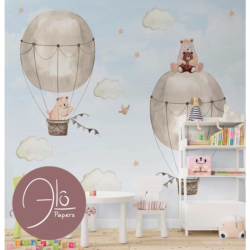 Papel de parede Ursinhos de Balão no Céu Bege