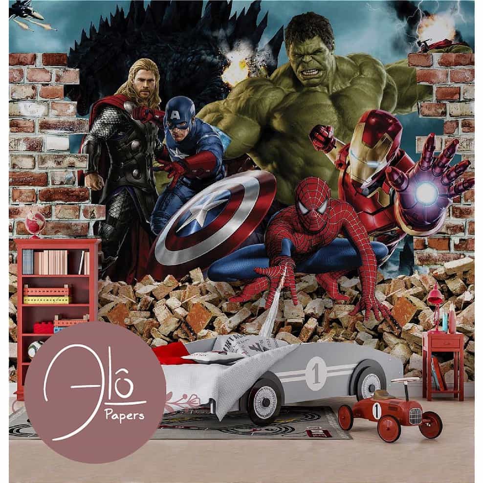 Papel de parede Vingadores Rompendo a Parede de Tijolos
