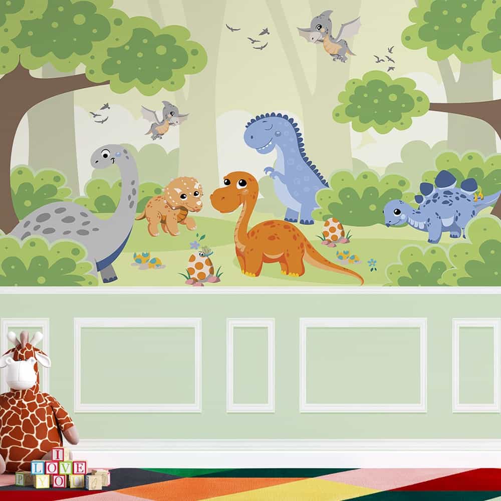 Papel de parede Dinossauros Baby com Boiserie Verde