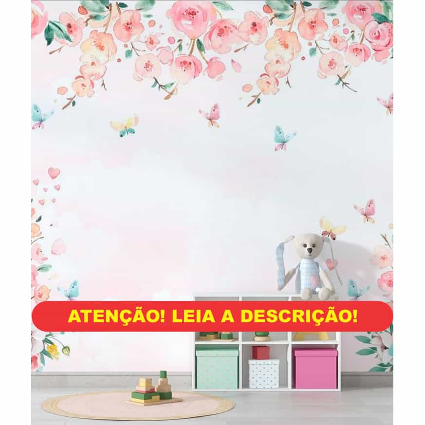 Papel de parede Flores Rosa em Aquarela com Borboletas