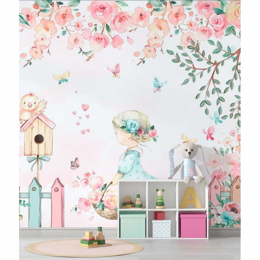 Papel de parede Menina no Jardim de Rosas