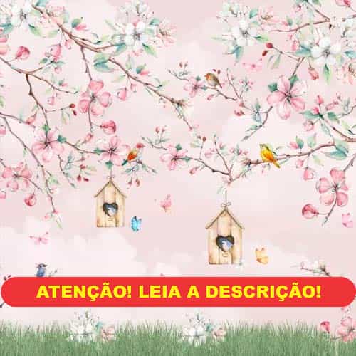 Papel de parede Flor de Cerejeira, Borboletas e Passarinhos