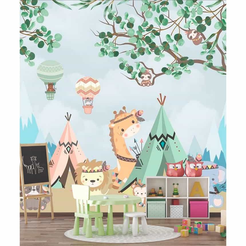 Papel de parede Safari Tribal com Tendas e Cocares