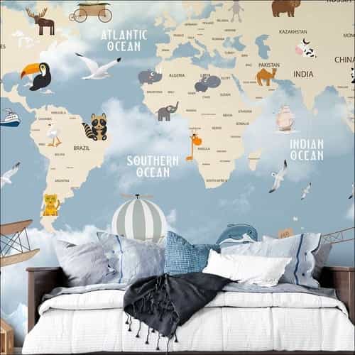 Papel de parede Mapa-Múndi dos Oceanos com Animais