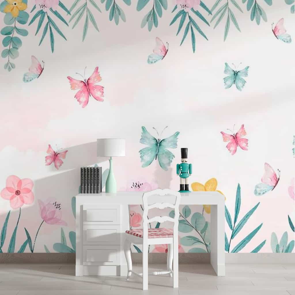 Papel de parede Borboletas Aquarela em Rosa e Menta