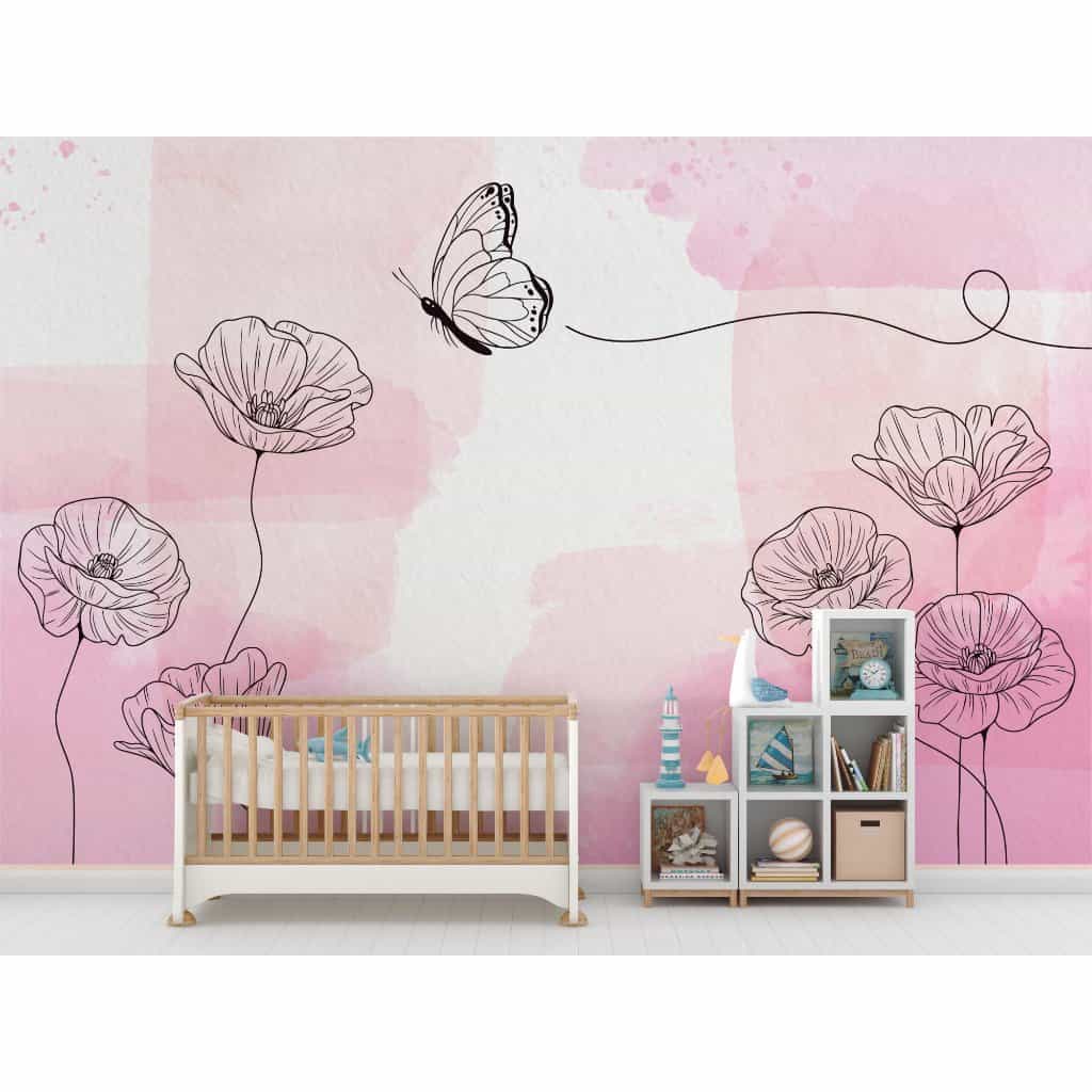 Papel de parede Papoulas e Borboleta em Rosa Aquarelado