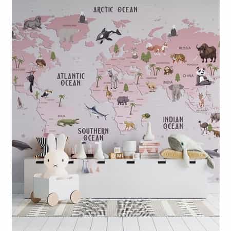 Papel de parede Mapa-Múndi Rosa com Animais