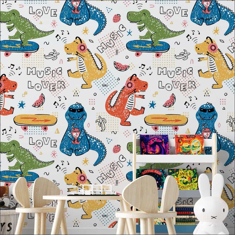 Papel de parede Dinos Radicais de Skate e Fone