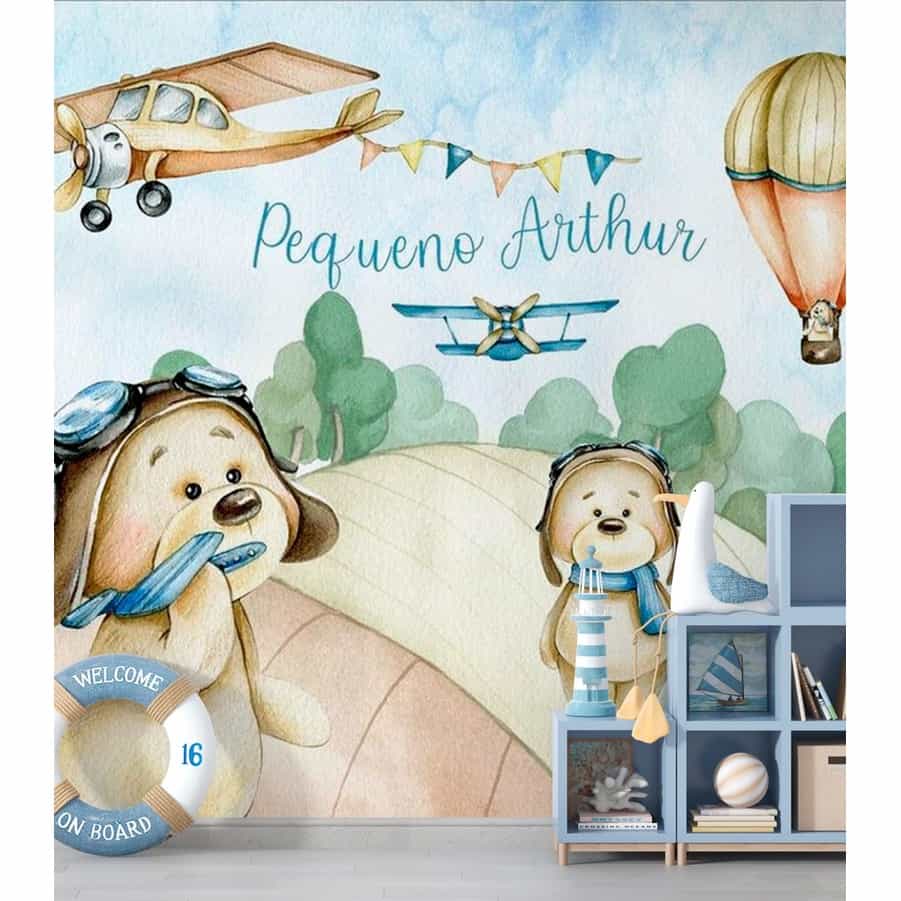 Papel de parede Ursinhos Aviadores com Nome do Bebê