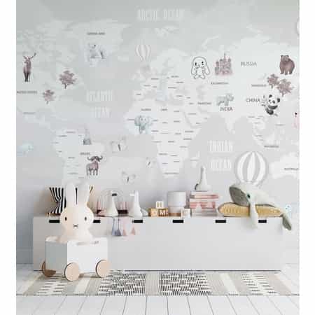 Papel de parede Mapa-Múndi Cinza Suave com Bichinhos