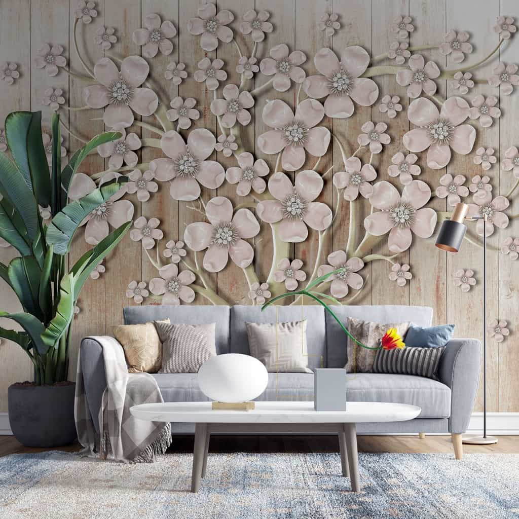 Papel de parede Árvore de Flores 3D sobre Madeira