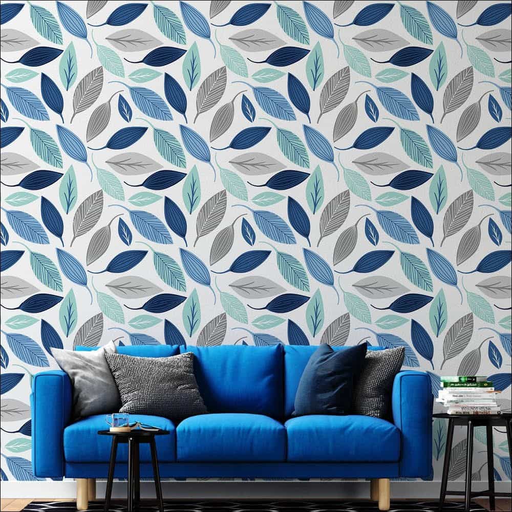 Papel de parede Folhas em Azul, Menta e Cinza