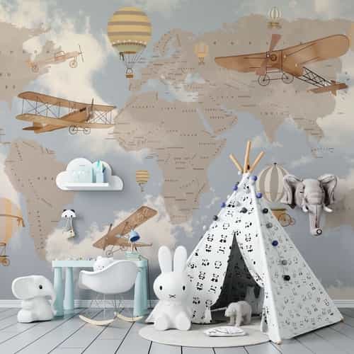 Papel de parede Mapa-Múndi entre Nuvens e Aviões