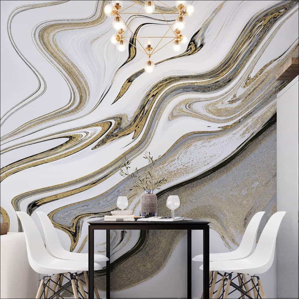 Papel de parede Mármore Líquido Ondas Preto Branco e Dourado