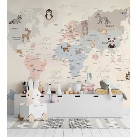 Papel de parede Mapa-Múndi Suave dos Bichinhos