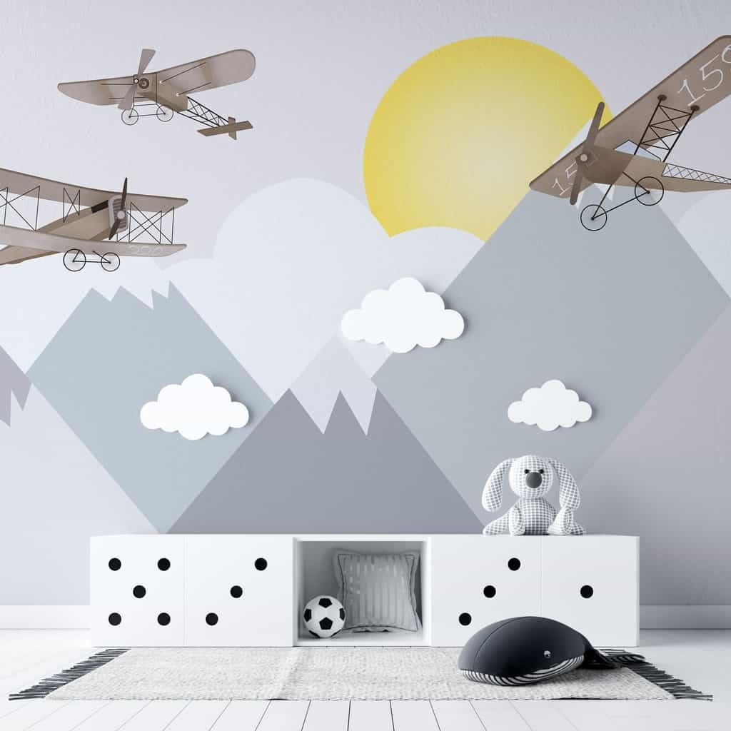 Papel de parede Aviões Vintage sobre Montanhas Cinza