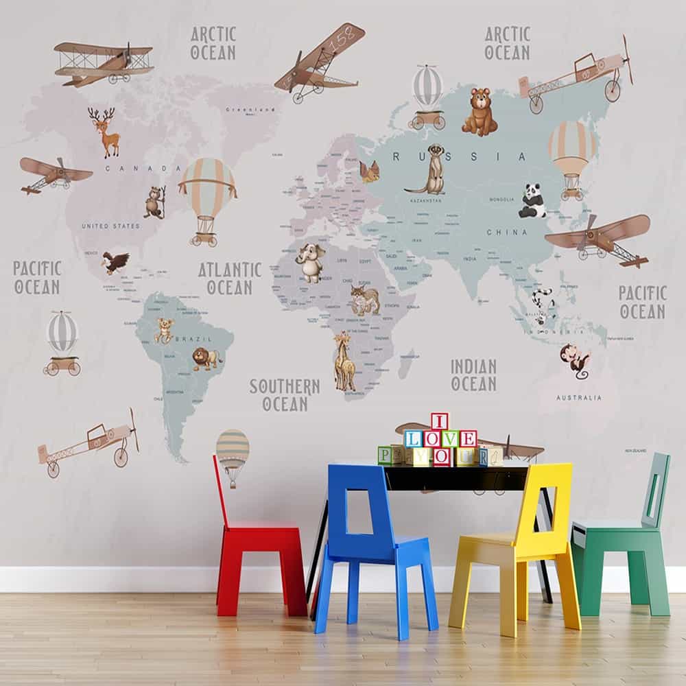 Papel de parede Mapa-Múndi Pastel com Aviões Vintage
