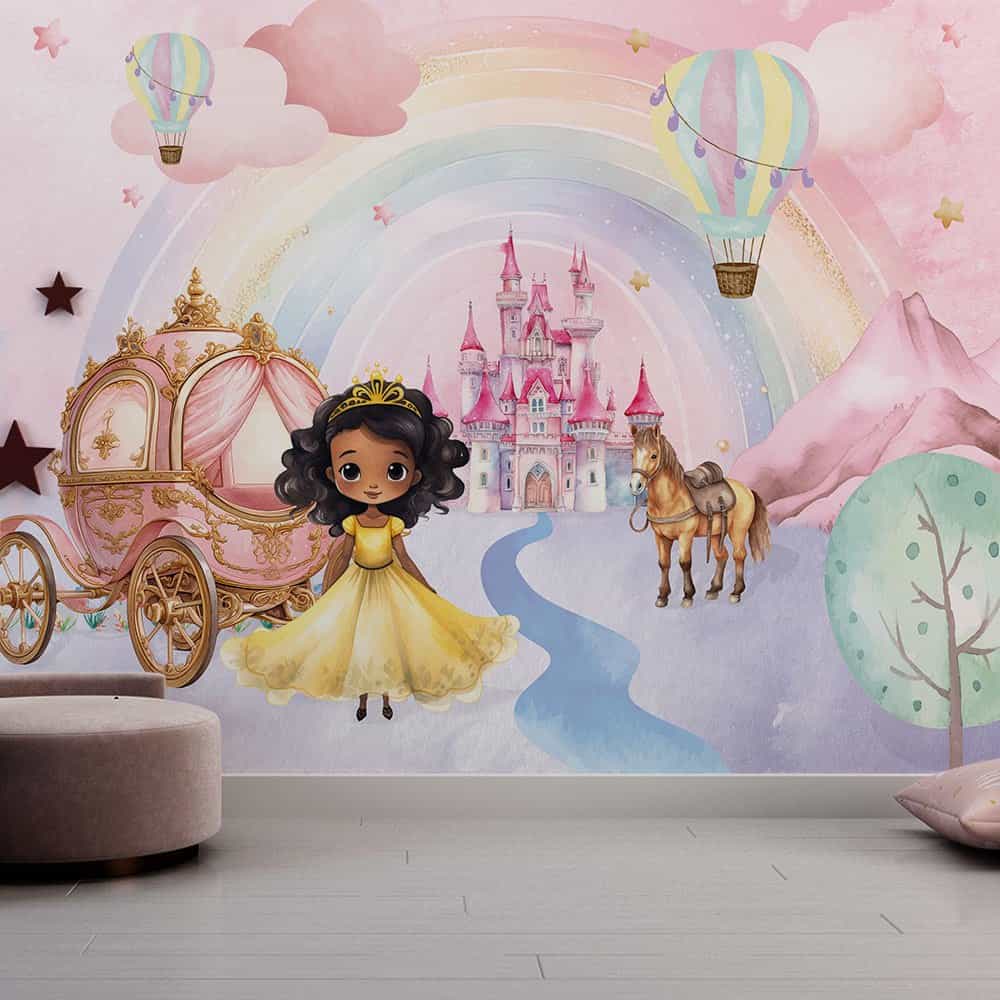 Papel de parede Princesa Negra com Castelo e Carruagem