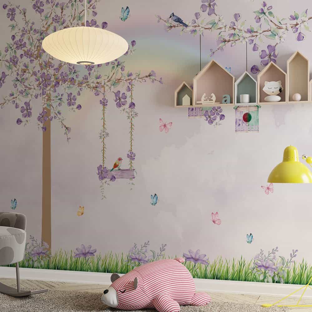 Papel de parede Árvore Lilás com Balanço e Borboletas