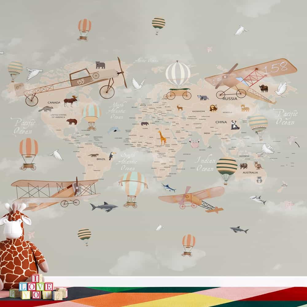Papel de parede Mapa-Múndi Vintage com Aviões e Animais