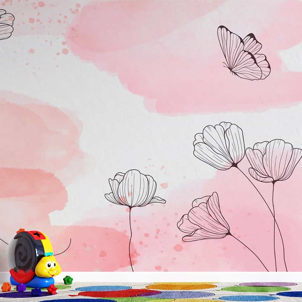 Papel de parede Flores em Traço Preto na Aquarela Rosa