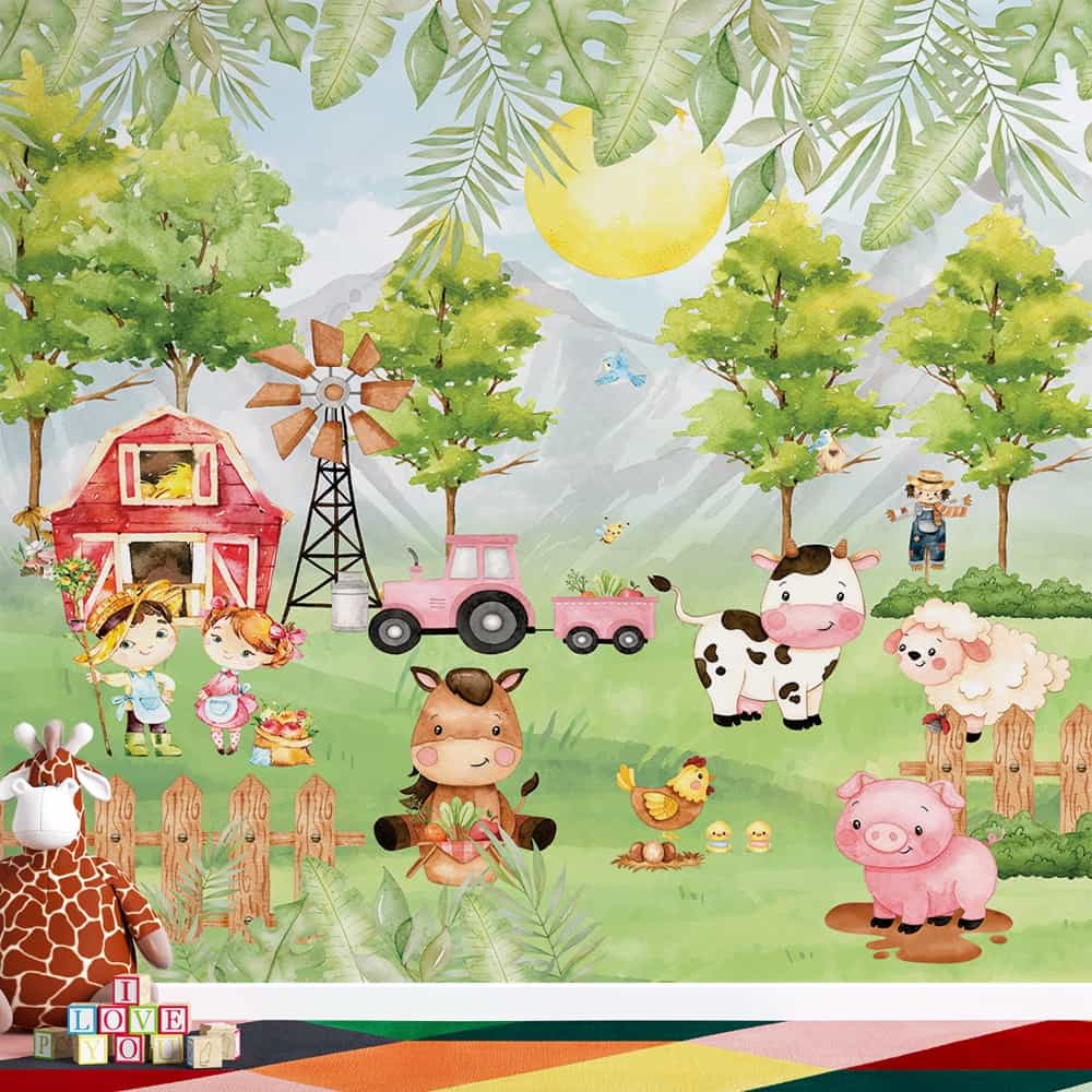 Papel de parede Fazendinha Baby com Trator Rosa