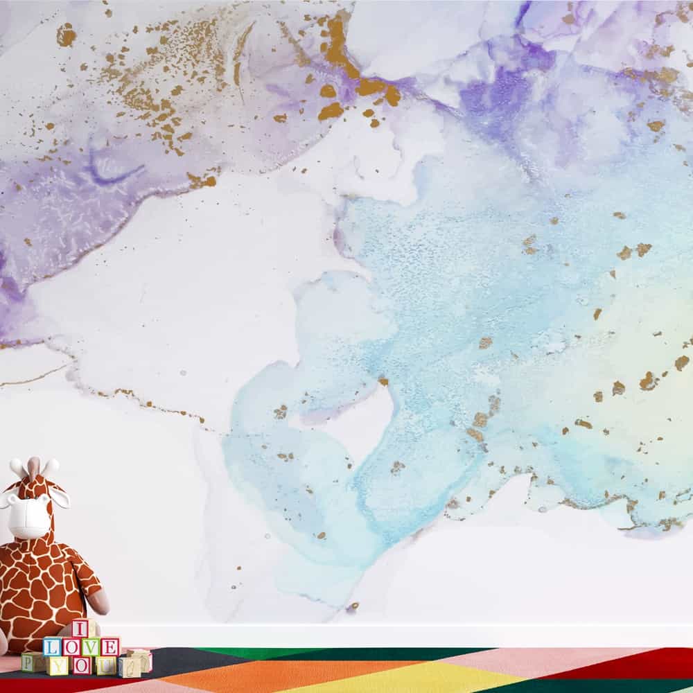 Papel de parede Aquarela Lilás e Turquesa com Respingos Dourados