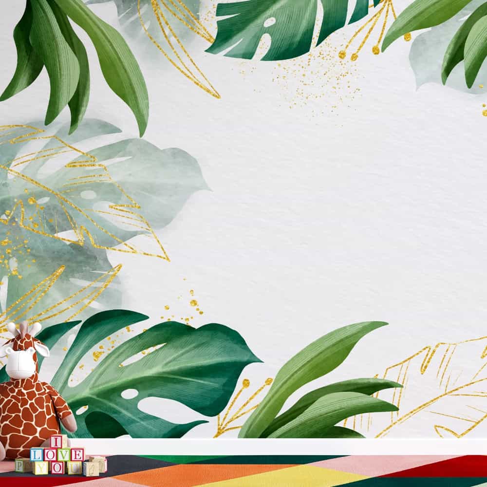 Papel de parede Folhagens Tropicais com Contorno Dourado
