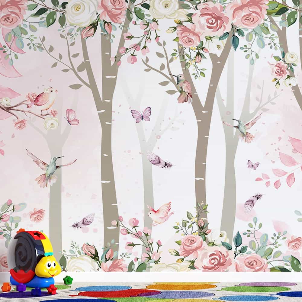Papel de parede Floresta de Rosas com Beija-Flores