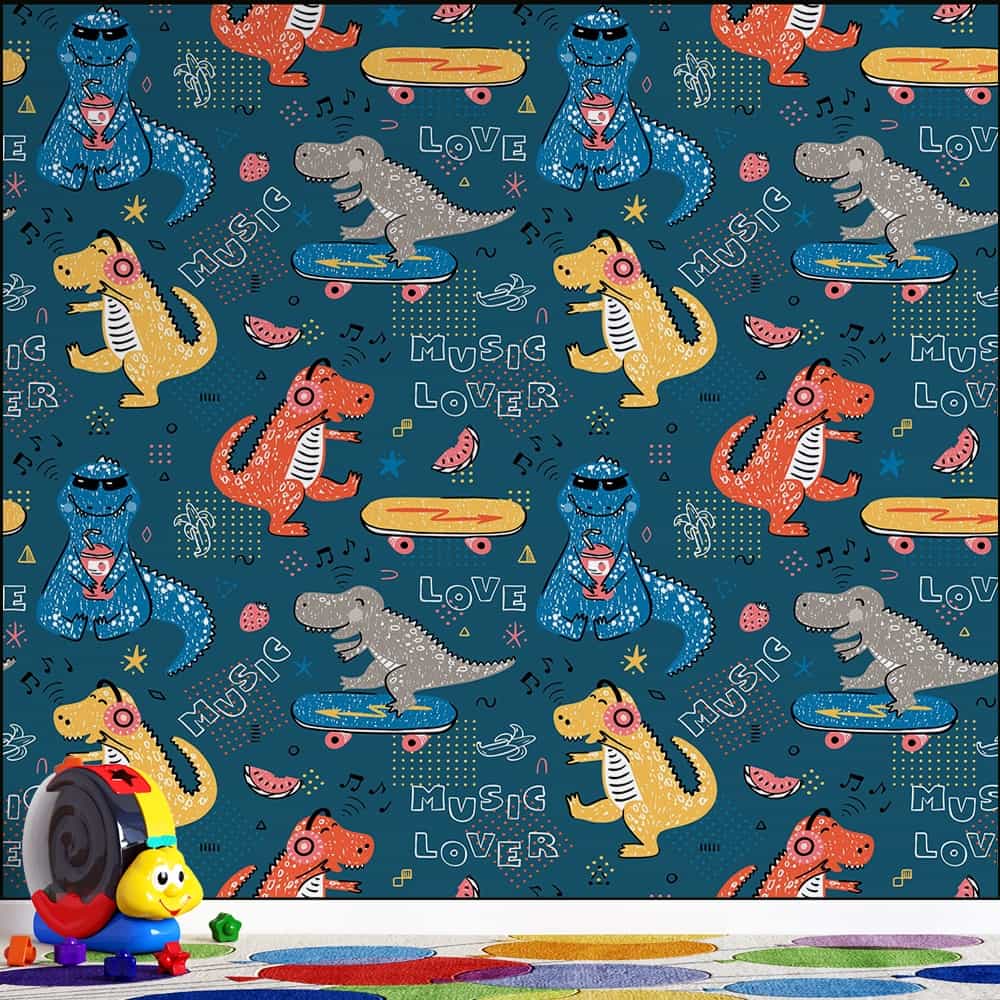 Papel de parede Dinossauros Radicais – Skate, Música e Aventura🦖 🎸🛹