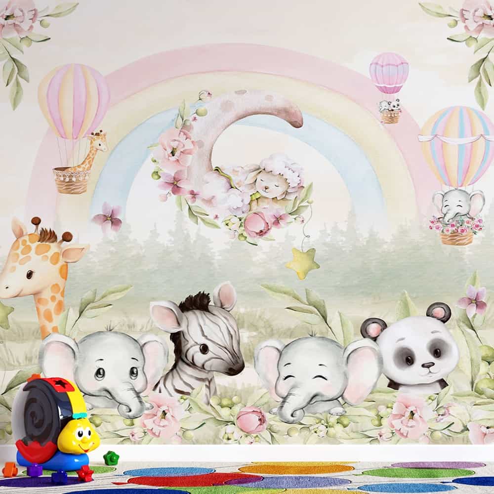 Papel de parede Bichinhos Baby com Arco-Íris e Balões