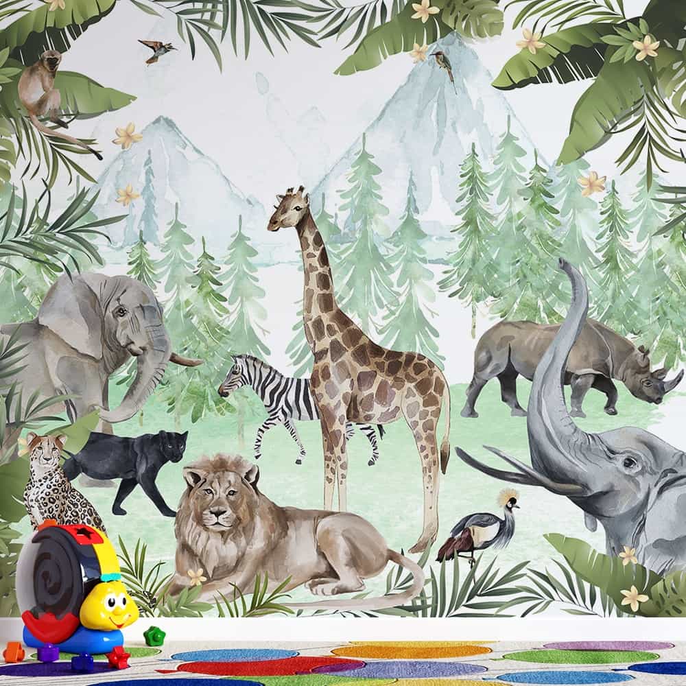 Papel de parede Safári Aquarelado com Pantera e Onça