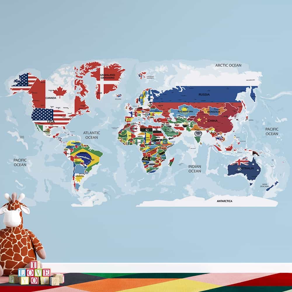 Papel de parede Mapa-Múndi de Países em Bandeiras
