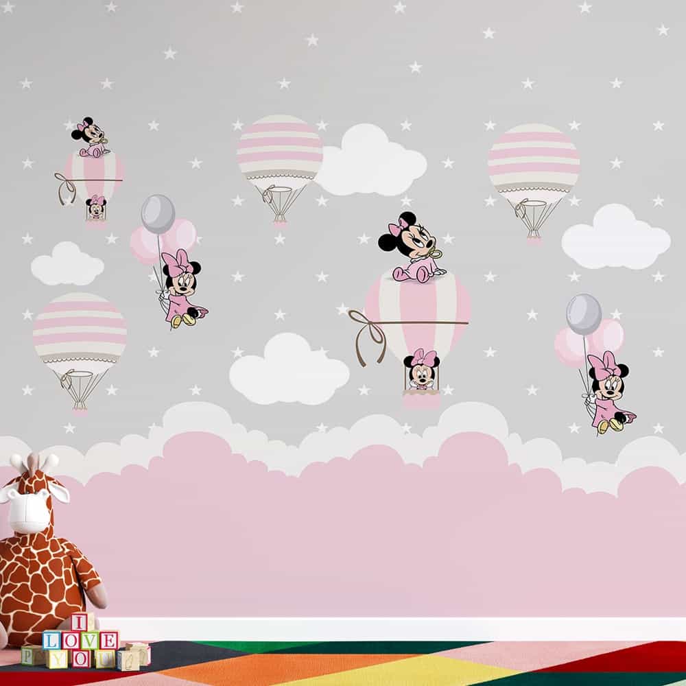 Papel de parede Minnie Baby nos Balões Listrados