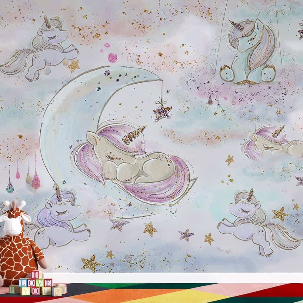 Papel de parede Unicórnios na Lua com Glitter Dourado