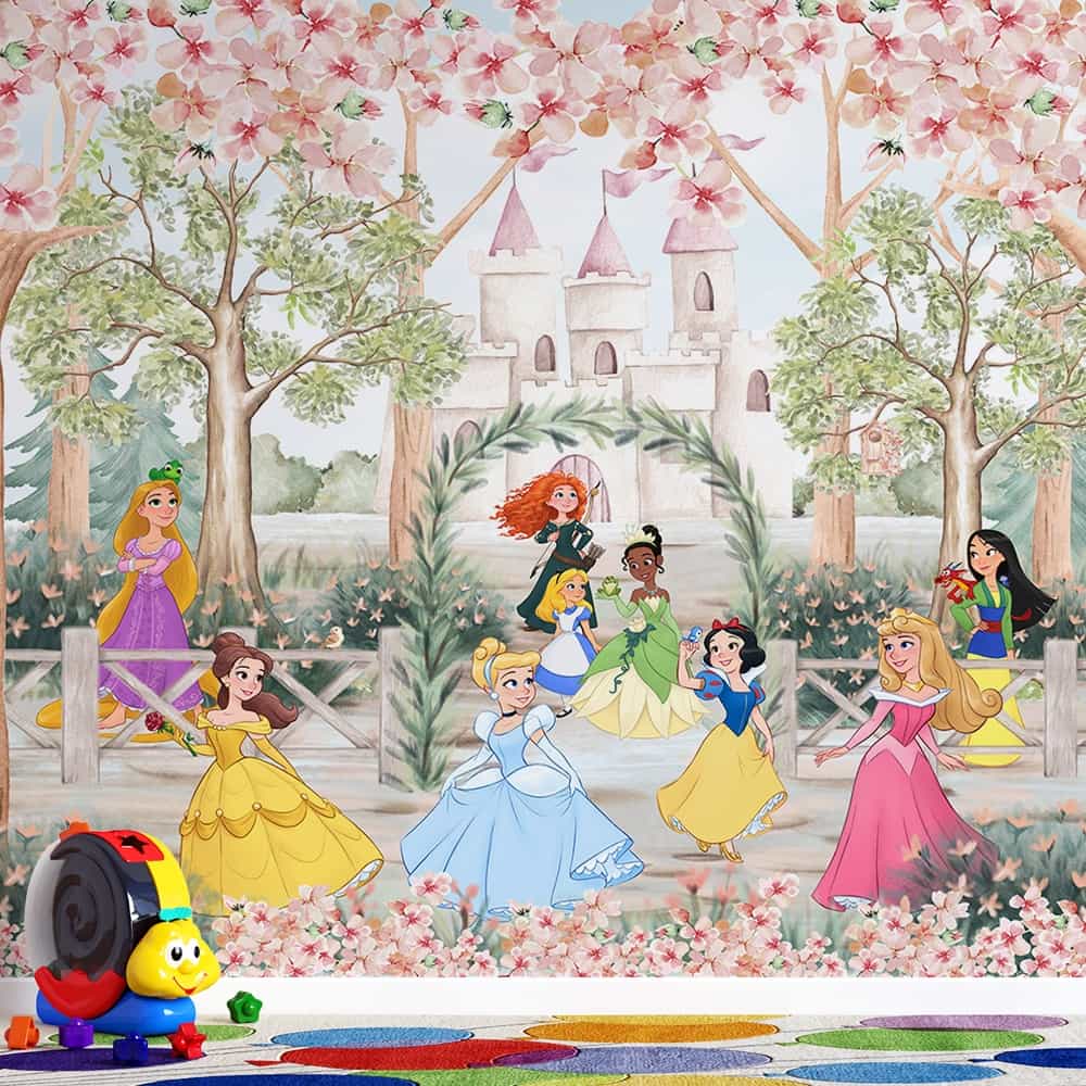 Papel de parede Princesas Disney Reunidas no Jardim do Castelo