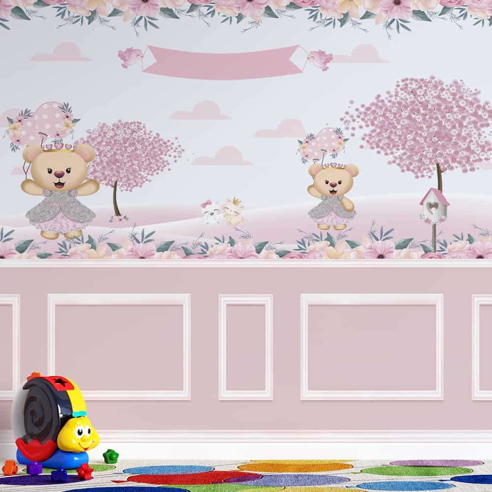 Papel de parede Ursinhas no Jardim com Boiserie Rosa
