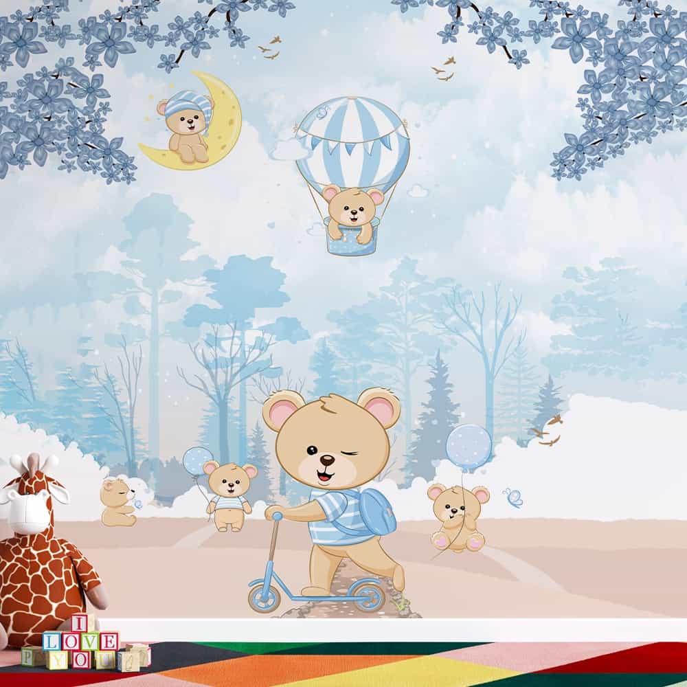 Papel de parede Ursinho de Patinete em Azul