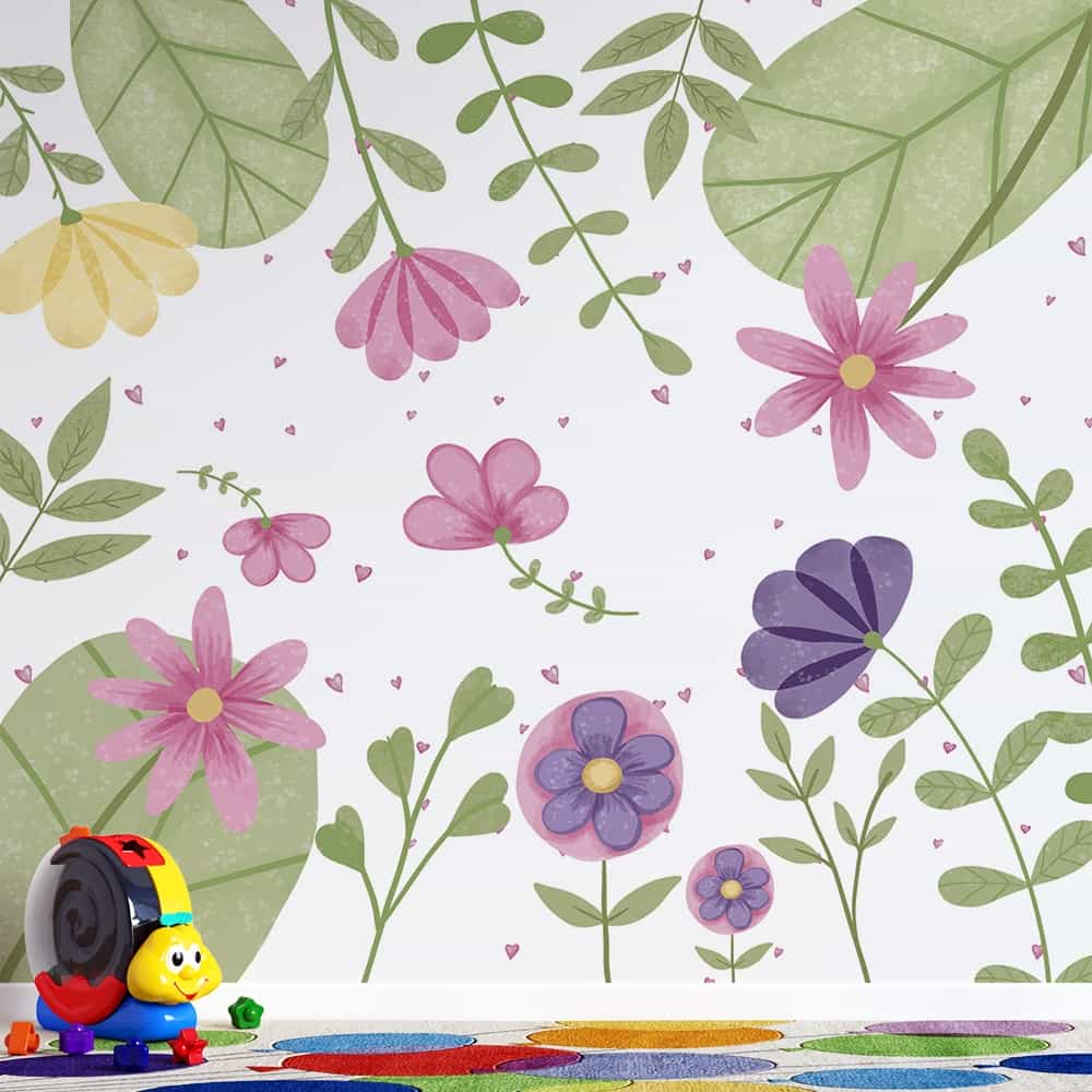 Papel de parede Flores em Aquarela com Coraçõezinhos