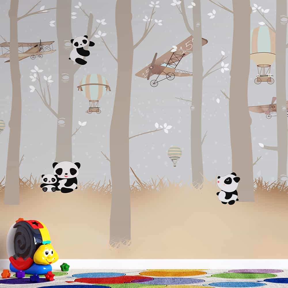 Papel de parede Floresta Aviador e Balões com pandas
