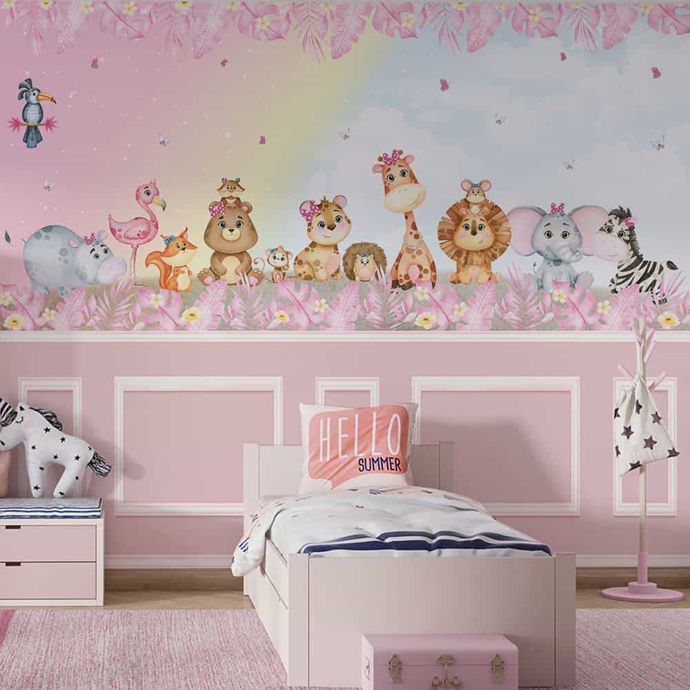 Papel de parede Safári Rosa com Bichinhas de Laço
